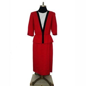 Vtg 80s Red Black White Peplum Dress 12